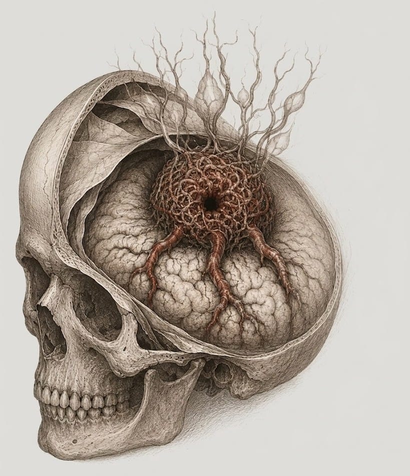 Anatomical illustration of a human skull in profile, opened to reveal the brain, with a tangled mass of arteriovenous vessels emerging from the cortical surface — depicting an arteriovenous malformation.